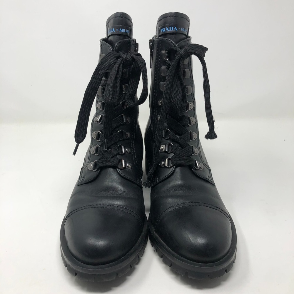 Prada Calzature Donna Soft Calf Combat Boots Womens 38.5 8 Black Leather Y2K - Picture 2 of 16